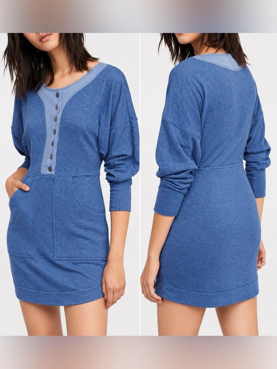 Free People Dresses & Skirts - Free People Seeking Hearts Tunic Blue Button Front Long Sleeve Dress Size S